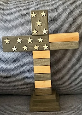 (P03) Rustic Wooden American Flag Cross
